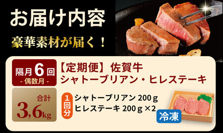 【定期便】佐賀牛 シャトーブリアン 200ｇ・ ヒレステーキ 400ｇ（全6回／隔月お届け） 冷凍 赤身 国産 お肉 ブランド牛 牛肉 ステーキ フィレ 希少部位 贅沢 川べぇ  Q444-001