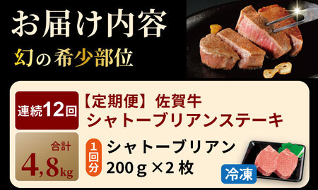 【定期便】佐賀牛プレミアム定期便　シャトーブリアンステーキ400g（200ｇ×2）（全12回/連続月お届け） 冷凍 赤身 国産 お肉 ブランド牛 牛肉 ステーキ フィレ 希少部位 贅沢  Q960-001