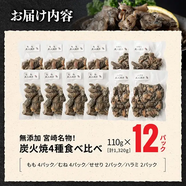 【無添加】宮崎名物！炭火焼4種食べ比べ計1,320g(110g×12パック) 【 無添加 食べ比べ 炭火焼 肉 鶏肉 もも むね せせり はらみ 】