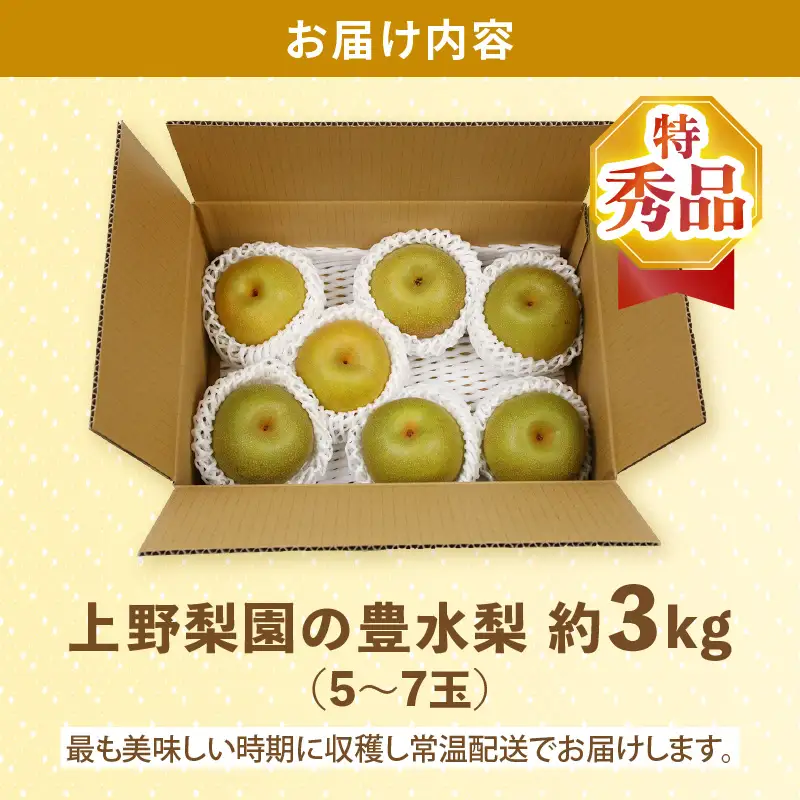 【先行予約】上野梨園の特選大玉 豊水梨『特秀品』選び抜かれた逸品 3kg 光糖度センサー選果品 梨園直送！ / 期間限定 果物 フルーツ 農家直送 シャキシャキ もぎたて 旬 お取り寄せ ※2026年9月上旬より順次発送 [aw077-a029]