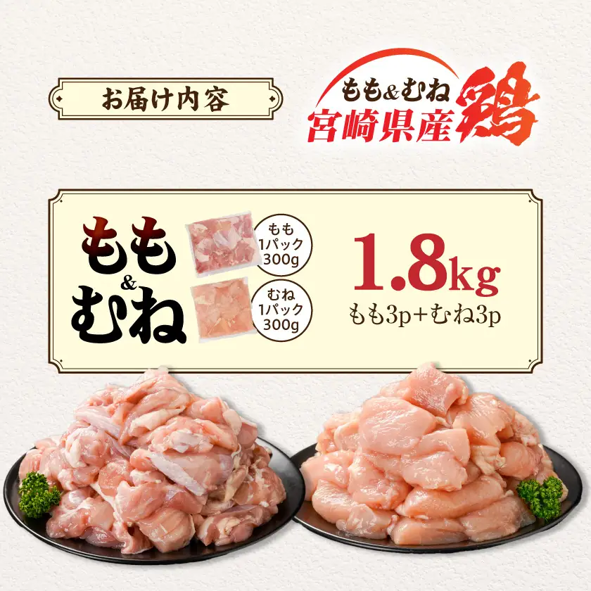 宮崎県産鶏もも&むね1.8kg(カット済)〔LG5-84-003-1800g〕_(都城市) 宮崎県産鶏 モモ肉 むね肉 カット済 唐揚げ チキン南蛮 親子丼