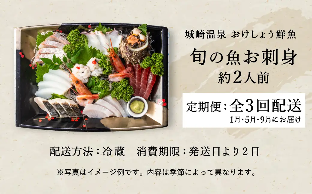 新鮮なお魚を捌いた日に冷蔵で発送！お刺身セット 約2人前 3回定期便（1月、5月、9月） / 刺身 盛り合わせ 新鮮 冷蔵 お刺身 セット 寿司ネタ お寿司 お魚 刺身盛り合わせ【城崎温泉 おけしょう鮮魚】【お電話で希望の配送日時を確認しますので受取安心】