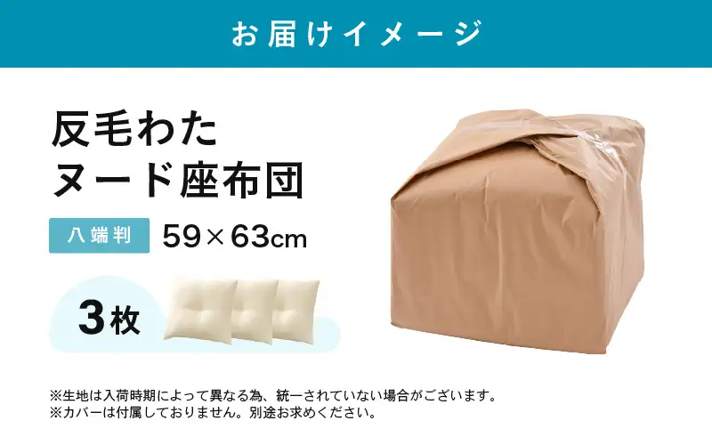 床の硬さを感じにくい「反毛わた」ヌード座布団（八端判59×63）（側キナリ）3枚組 [A-20439]