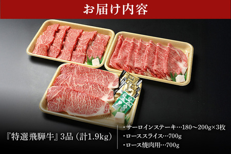 飛騨牛 A5等級【冷蔵配送】サーロインステーキ＆ローススライス＆ロース焼肉用 特盛セット 計1.9kg以上 着日指定可 飛騨牛