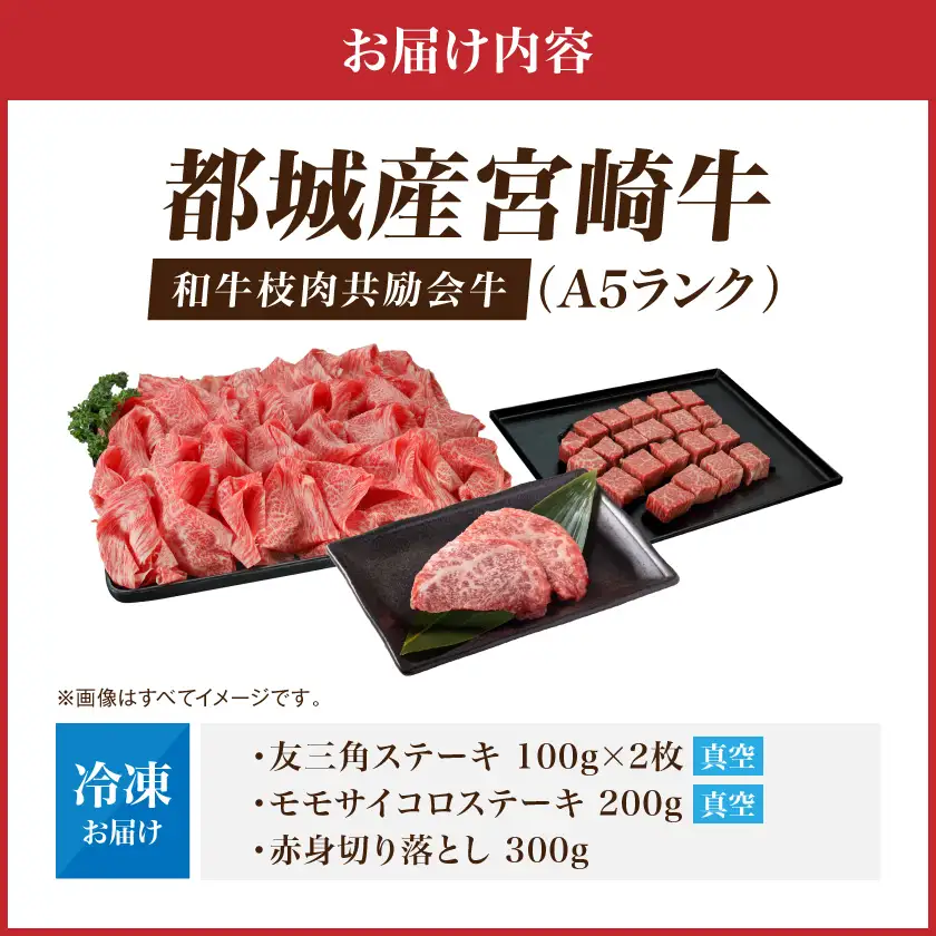 【和牛枝肉共励会牛】(A5)宮崎牛友三角セット〔18-25-009〕_(都城市) 宮崎県 宮崎牛 友三角 モモ ステーキ サイコロ 赤身 ウデ・モモ 切り落とし 真空 品評会出展牛 特別セット