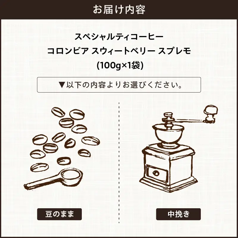 【こだわりの贅沢コーヒー】「Sunny side」の自家焙煎スペシャルティ珈琲　コロンビア スウィートベリー スプレモ（100g） ［137S16］ こだわりの贅沢コーヒー Sunny side 自家焙煎 スペシャルティ珈琲 スプレモ 100g 選べる 豆 粉 スペシャルティ コーヒー 厳選 高品質 アラビカ種 コーヒー豆 独特 ご褒美 愛知県 小牧市 送料無料
