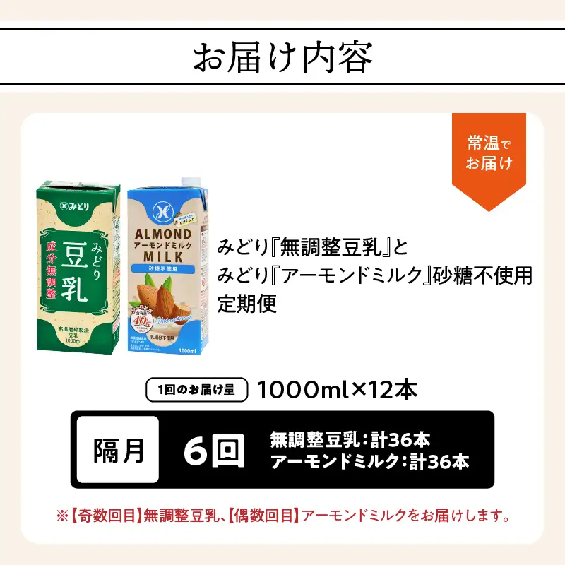 【隔月配送】みどり豆乳 成分無調整 1000ml×12本＋みどりアーモンドミルク 砂糖不使用 1000ml×12本 隔月交互に6回お届け定期便 T10096
