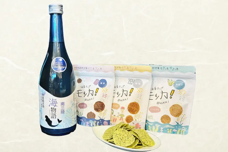日本酒 特別純米酒 南三陸海物語 1本 海藻チップ モッカ 3種 セット ギフトカートン入 [佐長商店 宮城県 南三陸町 m304amh760007]