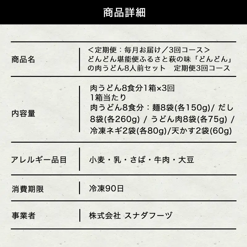 どんどん堪能便 ふるさと萩の味「どんどん」の肉うどん8人前セット 定期便3回コース