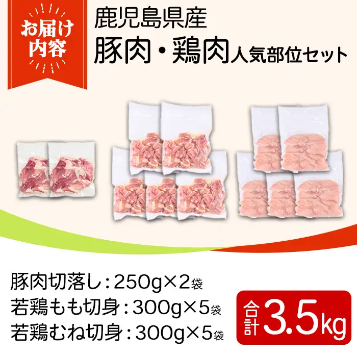 鹿児島県産豚肉・鶏肉人気部位セット(計3.5kg) 国産 九州産 鹿児島県産 鶏肉 鳥肉 鶏 とり 若鶏 豚肉 切り落とし 切落し 冷凍 もも モモ むね ムネ 小分け 真空 【TRINITY】_y598