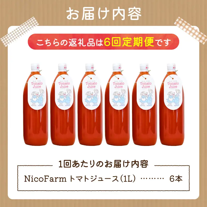 【定期便全6回】無添加 完熟ミニトマト使用 NicoFarm トマトジュース 1L×6本×6回_Y124-0034