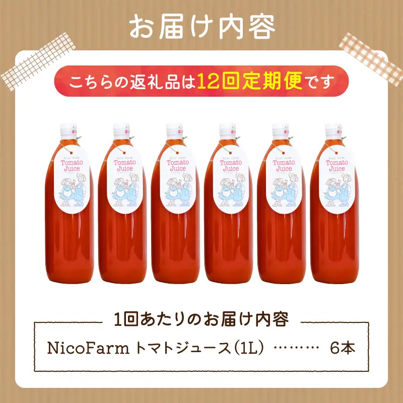 【定期便全12回】無添加 完熟ミニトマト使用 NicoFarm トマトジュース 1L×6本×12回_Y124-0037