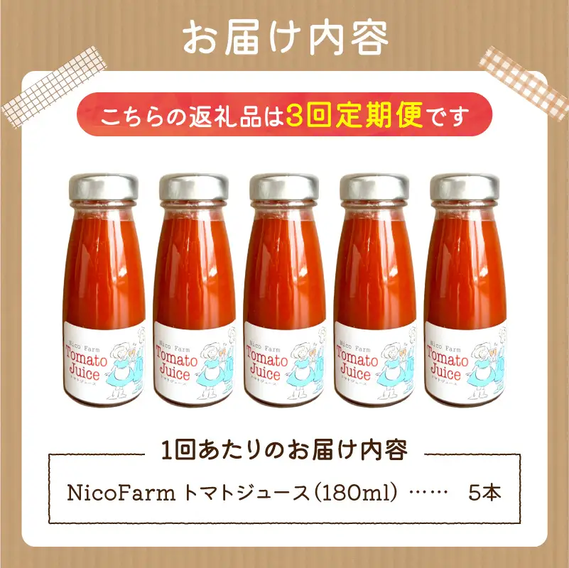 【定期便全3回】無添加 完熟ミニトマト使用 NicoFarm トマトジュース 180ml×5本×3回	_Y124-0041