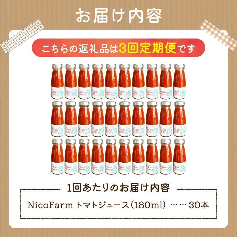 【定期便全3回】無添加 完熟ミニトマト使用 NicoFarm トマトジュース 180ml×30本×3回_Y124-0042