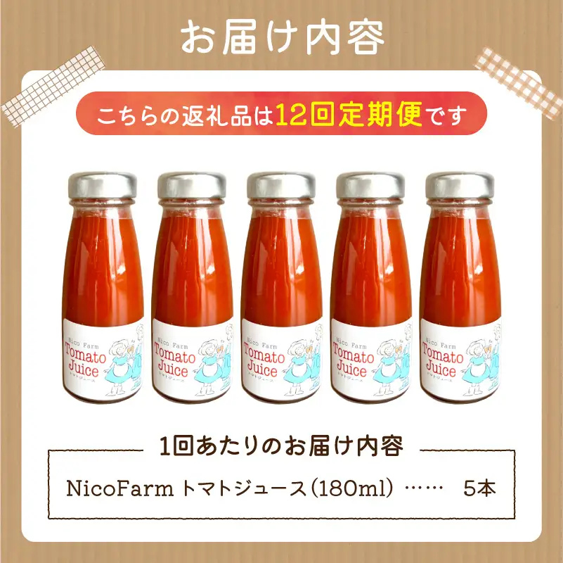 【定期便全12回】無添加 完熟ミニトマト使用 NicoFarm トマトジュース 180ml×5本×12回_Y124-0045 