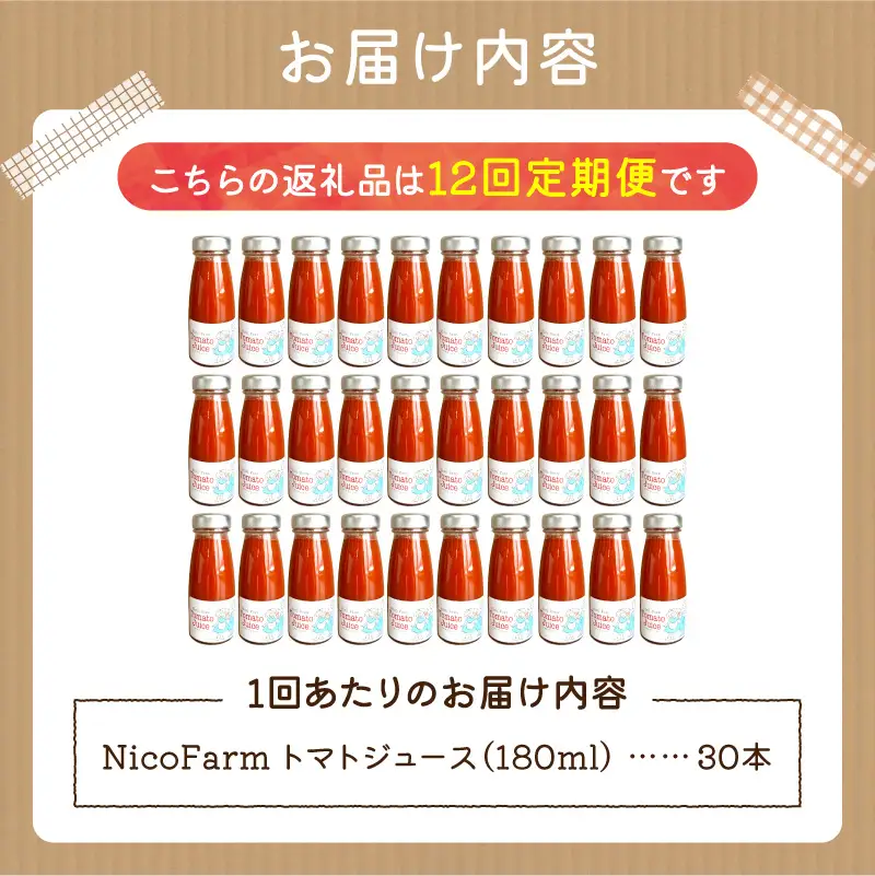【定期便全12回】無添加 完熟ミニトマト使用 NicoFarm トマトジュース 180ml×30本×12回_Y124-0046