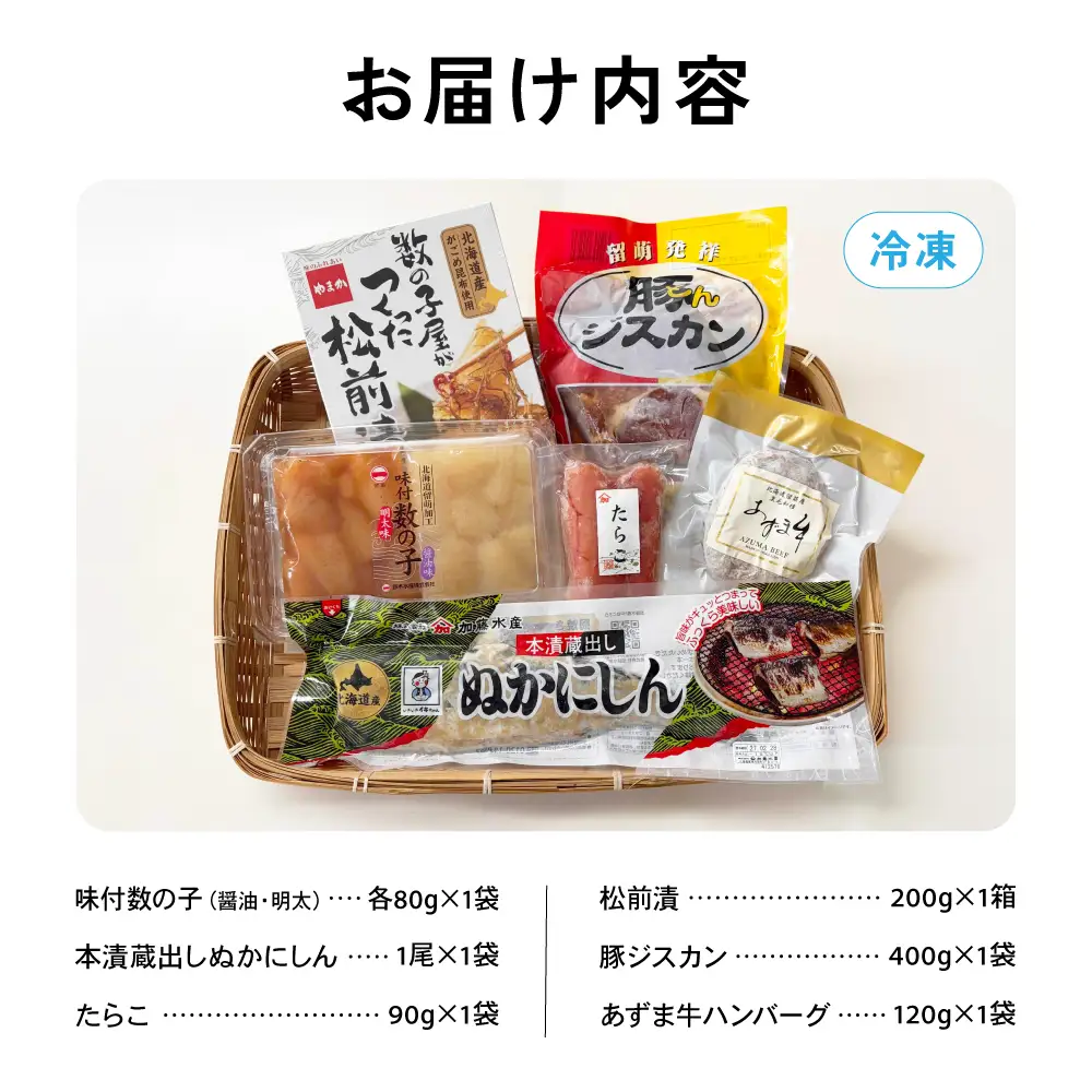 留萌 特産品 セットB 味付 数の子 たらこ 松前漬 豚ジスカン あずま牛 ハンバーグ かずのこ タラコ