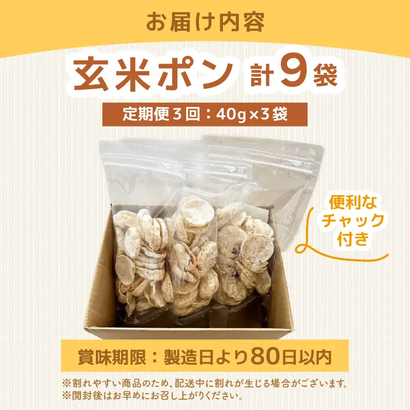 《3ヶ月定期便》【素材のまま】国産無添加 玄米ポンおやつ シリアル  40g×3袋 小分け コシヒカリ [e35-a053]