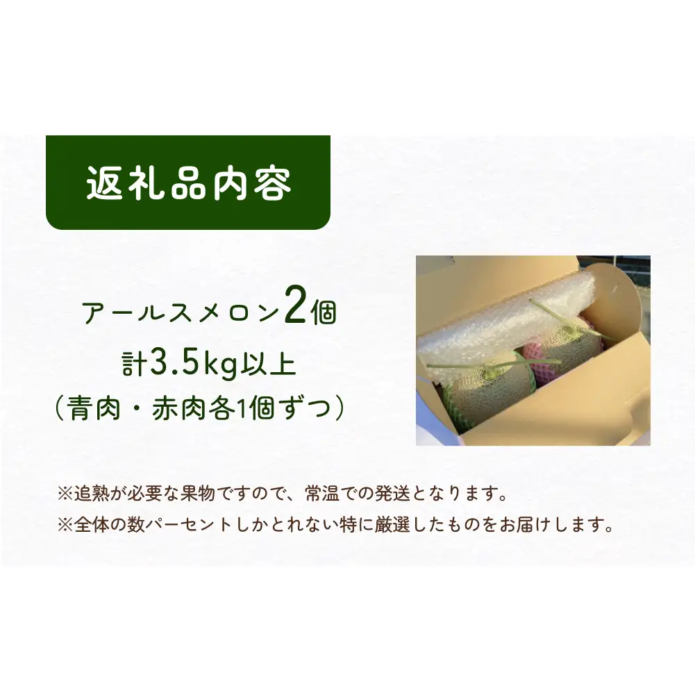〈先行予約〉 アールスメロン 2個セット 計3.5kg以上（青肉１個、赤肉１個） ＜2026年6月下旬以降発送＞ 【贈答用】【秀品】