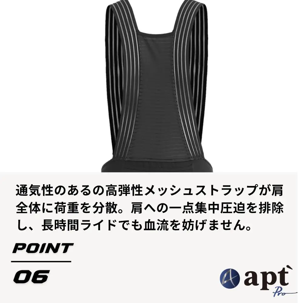 apt'Pro（エーピーティー）夏用メンズビブショーツ ひざ上丈 高弾性メッシュストラップ バックポケット付 日本人向けロードバイク向け 高ストレッチ速乾性ブラックサイズ展開　apt18