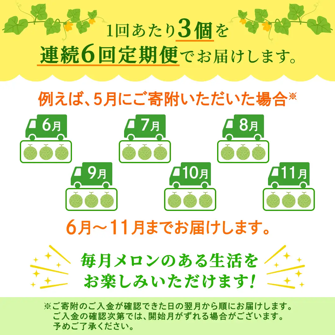 【定期便】 赤肉アールスメロン 3玉 × 6か月連続
