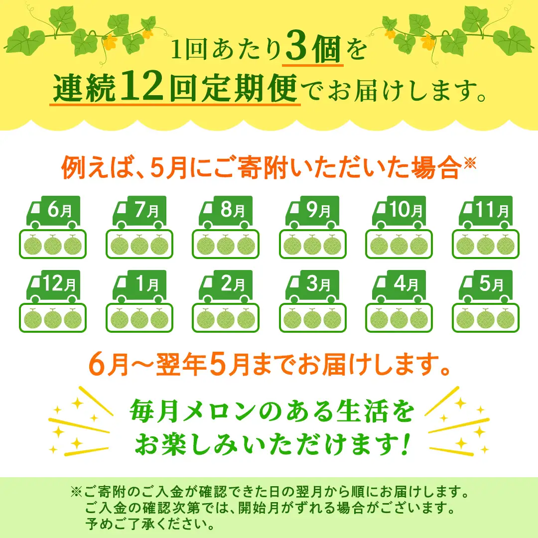 【定期便】 赤肉アールスメロン 3玉 × 12か月連続