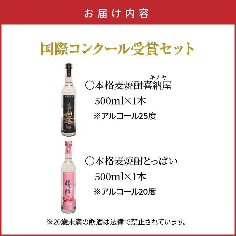 国際コンクール受賞セット　本格麦焼酎喜納屋500ml＆本格麦焼酎とっぱい500ml_1662R-1
