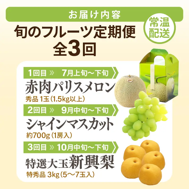 【先行予約】定期便 ≪3回お届け≫ 旬のフルーツ定期便 全3回 赤肉パリスメロン・シャインマスカット・新興梨【2026年7月以降順次発送予定】 [aw077-b005]