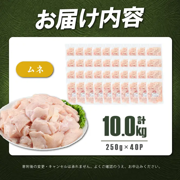 小分けで便利！鹿児島県産若鶏ムネ切身 計10kg(250g×40P) b6-029