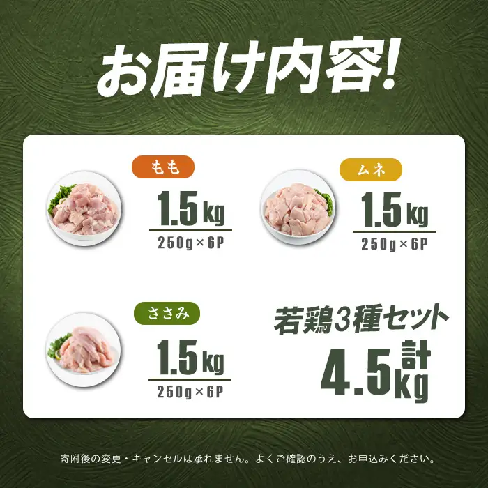 小分けで便利！鹿児島県産若鶏＜もも・ムネ・ささみ＞セット 計4.5kg a5-377