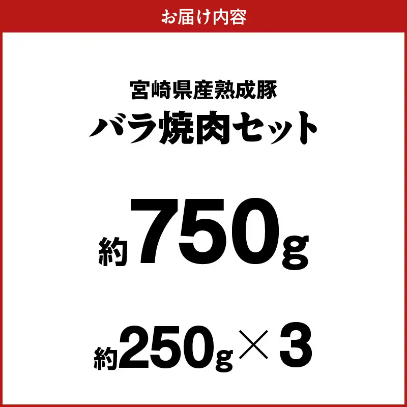 宮崎県産熟成豚 バラ焼肉セット 約250g×3個 N0105-YA6605