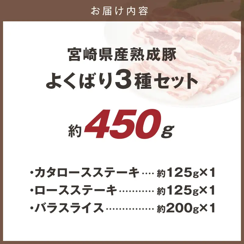 宮崎県産熟成豚 よくばり3種セットA-1（ステーキ2種 各1個/スライス1個）N0105-YA2284