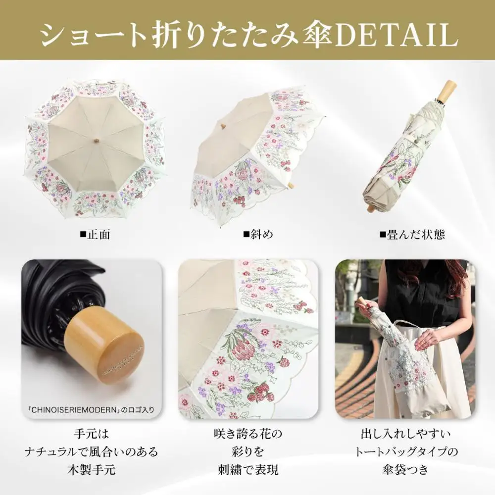 【シノワズリーモダン京都】花束みたいな刺繍かわず張りショート折りたたみ日傘 ラベンダー