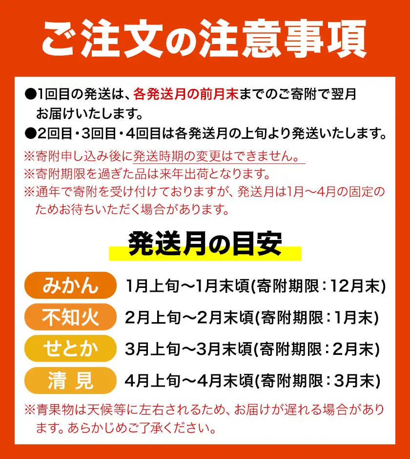 紀州 和歌山産 旬の ご家庭用 柑橘 セット (みかん 不知火 せとか 清見)【全4回】 株式会社魚鶴
