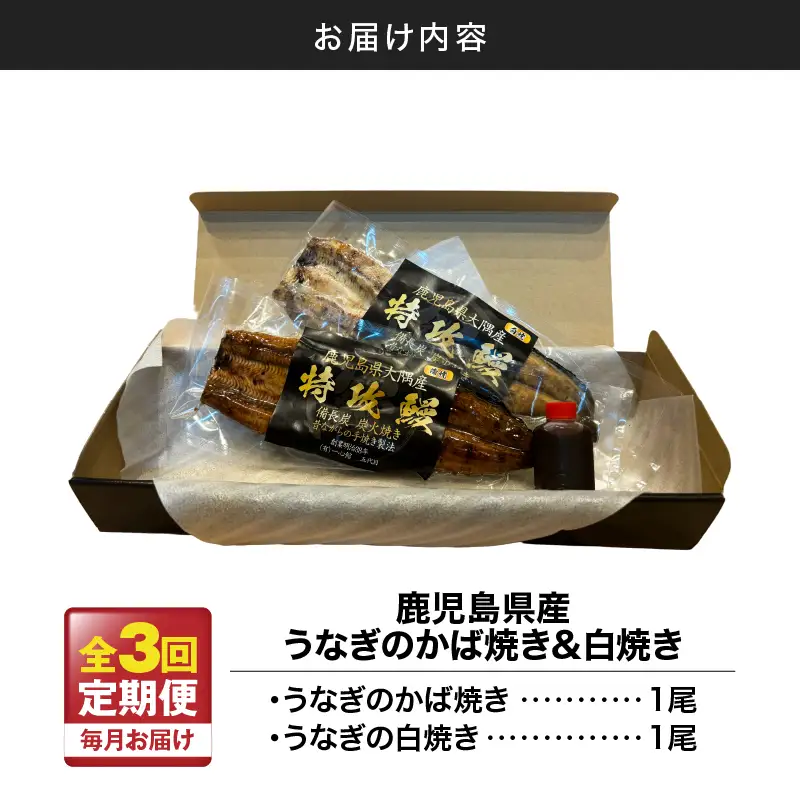 【 全3回 定期便 】 鹿児島県産 うなぎ の かば焼き 1尾 ・ 白焼き 1尾 KN174-T09 定期 ウナギ 鰻 蒲焼き 冷凍