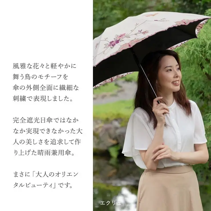 【シノワズリーモダン京都】花鳥刺繍ミニ折りたたみ晴雨兼用日傘 ベージュ