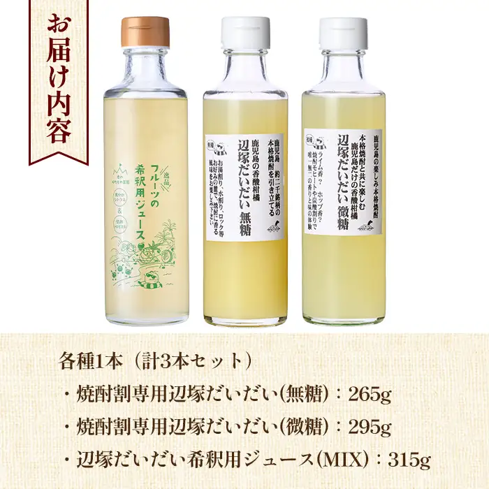 【A83005】3種の辺塚だいだい 希釈用 ジュースセット 鹿児島 国産 フルーツ 果物 果実 果汁 ジュース ドリンク 希釈 フルーティー 辺塚だいだい 3種類 飲み比べ セット 詰合せ ギフト プレゼント 【農地所有適格法人株式会社P＆Y'sLabo】