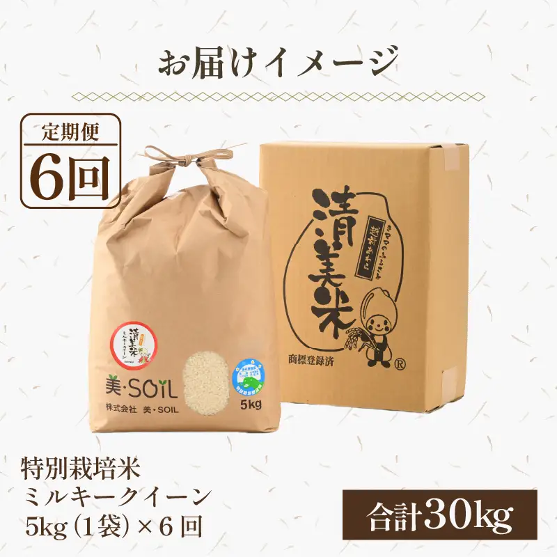 【先行予約】【令和8年産 新米】定期便《6ヶ月連続お届け》5kg×6回（計30kg） 特別栽培米 ミルキークイーン 精米 低農薬 《食味値85点以上！こだわり精米》 / 福井県 あわら市 北陸 米 お米 人気 白米 精米 ※2026年9月中旬より順次発送 [aw032-j005]