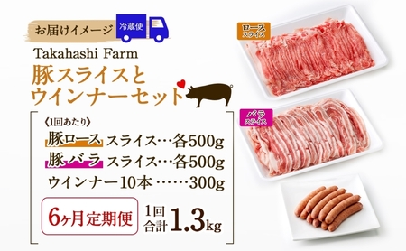 定期便 6ヶ月連続 全6回 Takahashi Farm 豚スライスとウインナー 1.3kgセット ロース バラ 各500g ウインナー 10本 300g  岐阜県産 精肉 国産 ブタ ぶた ポーク お鍋 料理 人気 お取り寄せ ご褒美 自家用 ギフト 送料無料 岐阜県 揖斐川町 お肉 豚肉 