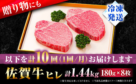 【全10回定期便】佐賀牛ヒレステーキ180g×8枚 総計14.4kg フィレ 希少部位 ブランド和牛 佐賀県産 A4 A5 赤身 赤身 希少 部位 牛肉 ヒレ BMS7以上 個包装 小分け 冷凍 [FBX020]