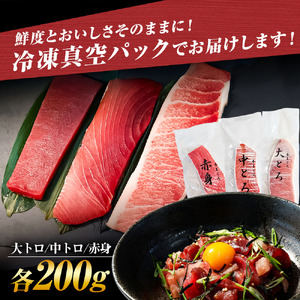 本マグロ 本鮪 大トロ・中トロ・赤身 各200g まぐろ3種盛セット マグロ まぐろ 本まぐろ 刺身 刺し身 魚 海鮮 冷凍 美味しい おいしい 食べ比べ セット 詰め合わせ【株式会社大熊】 [BQAA039]