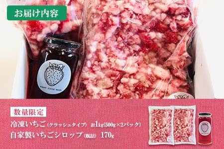 グランプリ受賞 数量限定 冷凍いちご シロップ付 計1kg+170g 【クラッシュタイプ】 果物 くだもの フルーツ 苺 国産 自家製 スムージー イチゴジャム おやつ デザート 詰め合わせ 小分け 産地直送 おすそ分け 贈り物 ギフト 宮崎県 日南市 送料無料_BAV2-24