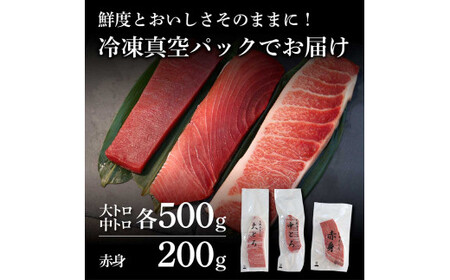 本マグロ 本鮪 大トロ・中トロ 各500g・赤身200g まぐろ3種盛セット まぐろ マグロ 赤身 刺身 マグロ丼 海鮮丼 魚 海鮮 魚介 おかず 冷凍 配送【株式会社大熊】 [BQAA038]