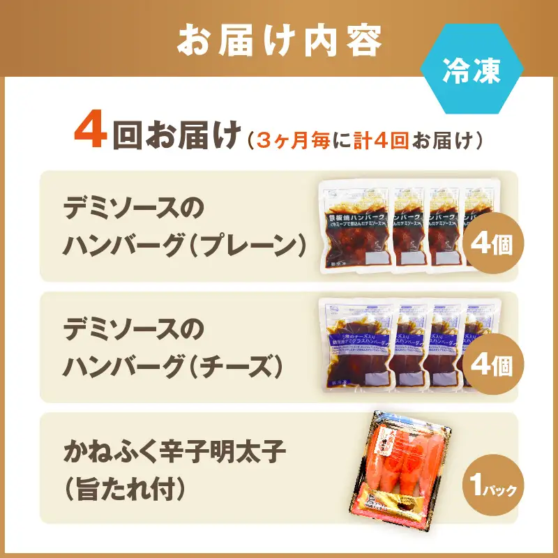 かねふく辛子明太子&デミソースのハンバーグ2種セット【3ヶ月毎定期便(計4回発送)】【F8-005】