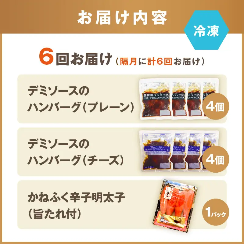 かねふく辛子明太子&デミソースのハンバーグ2種セット【隔月定期便(計6回発送)】【J01-001】