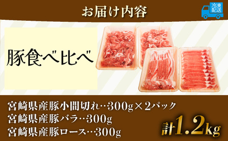 宮崎県産豚食べ比べセット1.2kg(バラ300g・ロース300g・こま切れ300g×2P) 豚肉 肉 食べ比べ_K008-001