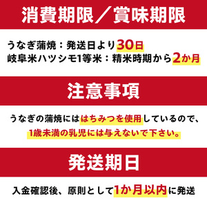 「炭かおる地焼き　うなぎ蒲焼（たれ付）3尾」と「2025年産米　岐阜米ハツシモ1等米5kg」 【0021-014】 