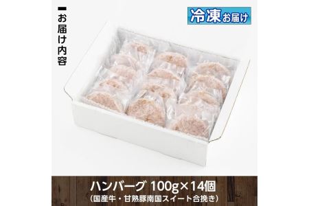 isa172 《毎月数量限定》＜生冷凍＞国産牛・甘熟豚南国スイート合挽きハンバーグ(14個・1個あたり100g) 伊佐市 特産品 国産 国産牛 牛肉 九州産 ブランド豚 豚肉 個包装 手ごね ハンバーグ 焼くだけ 簡単調理 おかず 惣菜 冷凍 冷凍便【お肉の直売所 伊佐店】