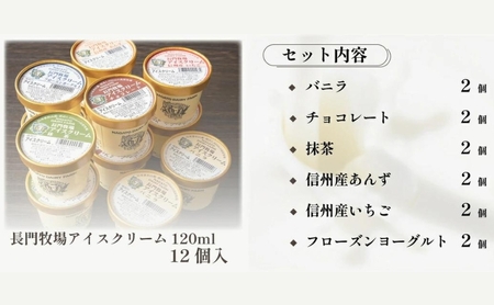 長門牧場アイスクリーム12個セットA-2　6種のフレーバー詰め合わせ（バニラ、チョコレート、抹茶、ヨーグルト、いちご、あんず）　人気スイーツ　濃厚ミルク　直送　牛乳　生乳　国産　夏ギフト　長野県　贈答品　お土産　お中元　お歳暮　クリスマス