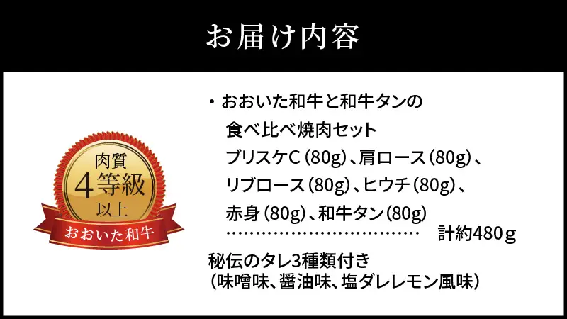 3Dフリーザーで急速冷凍。美味しさそのまま！おおいた和牛と和牛タンの食べ比べ焼肉セット　約480ｇ（秘伝のタレ３種類付き） A01098